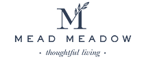 Mead Meadow logo with thoughtful living tagline.