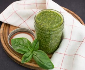 Homemade pesto on wooden tray