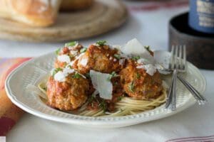 Plate of pasta with meatballs and sauce